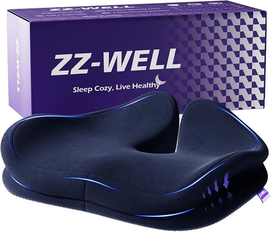 ZZ-WELL Seat Cushions for Office Chairs, Coccyx Cushion for Tailbone Pain, Memory Foam Butt Pillows for Computer Gaming Chair, Patented Pressure Relief Design Chair Cushion (Navy Blue, XX-Large)