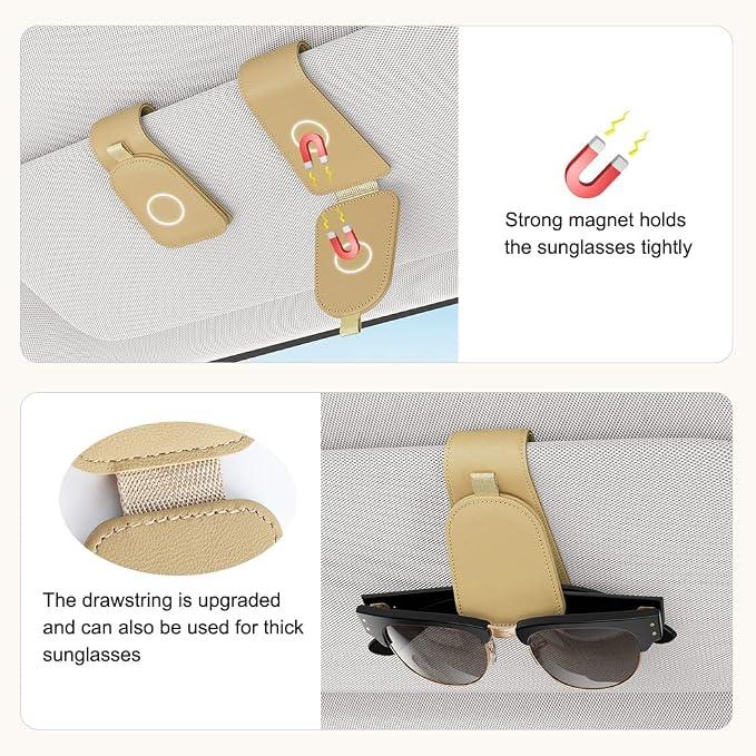 Sotfamily Sunglass Holder for Car Visor, Beige, 2 Packs | Suede Cloth, Magnetic, Organizer for Car Accessories