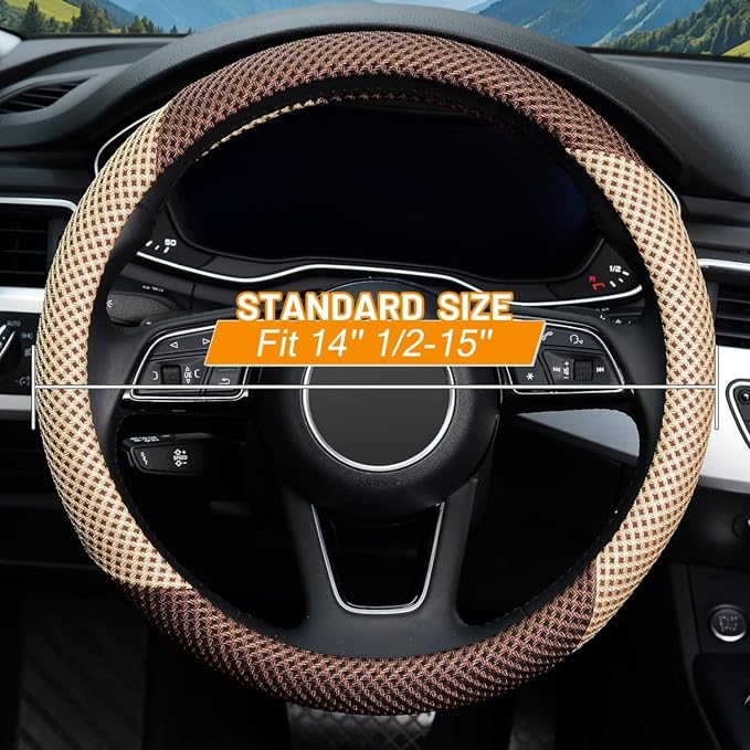 ZHOL Steering Wheel Cover Universal 15 inch Microfiber Breathable Ice Silk Steering Wheel Covers Anti-Slip Car Interior Accessories for Women Men, Warm in Winter and Cool in Summer, Beige&Brown