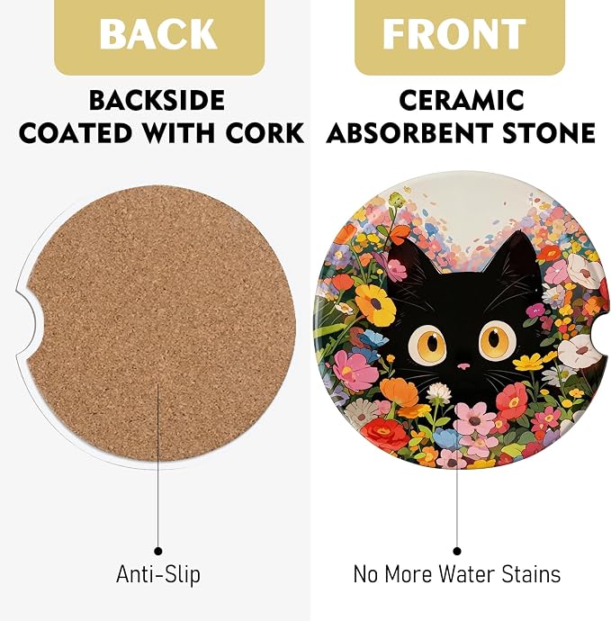 2 Pack Car Coasters for Cup Holders, Absorbent Ceramic Cup Coaster with Cork Base and Finger Notch, Cute Car Accessories Interior for Women Men