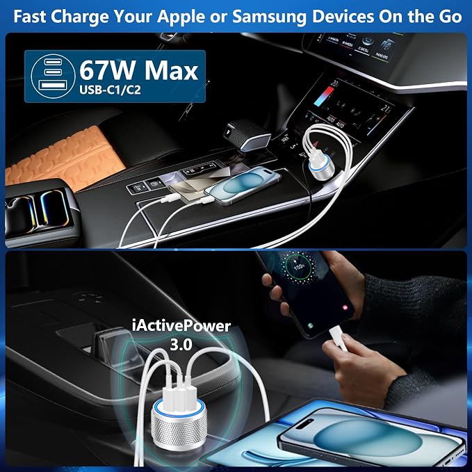 [Apple MFi Certified] iPhone 17 Car Charger, Rombica 3-Port 67W Dual USB-C&USB-A Car Power Cigarette Lighter PD/QC Type-C Fast Car Charger with Type-C Cable for iPhone 17/17 Pro Max/16 Pro/15 Pro/iPad