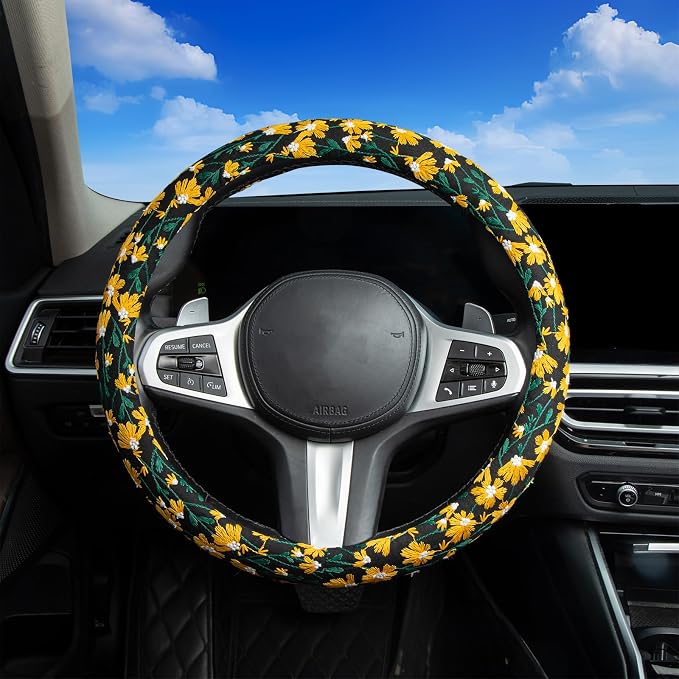 Embroidered Flowers Cute Yellow Daisy Steering Wheel Cover Auto Anti-Slip Breathable Rubber Steering Wheel Protector,Floral Car Accessories for Women,Universal Size Fit Most Cars -15 inch