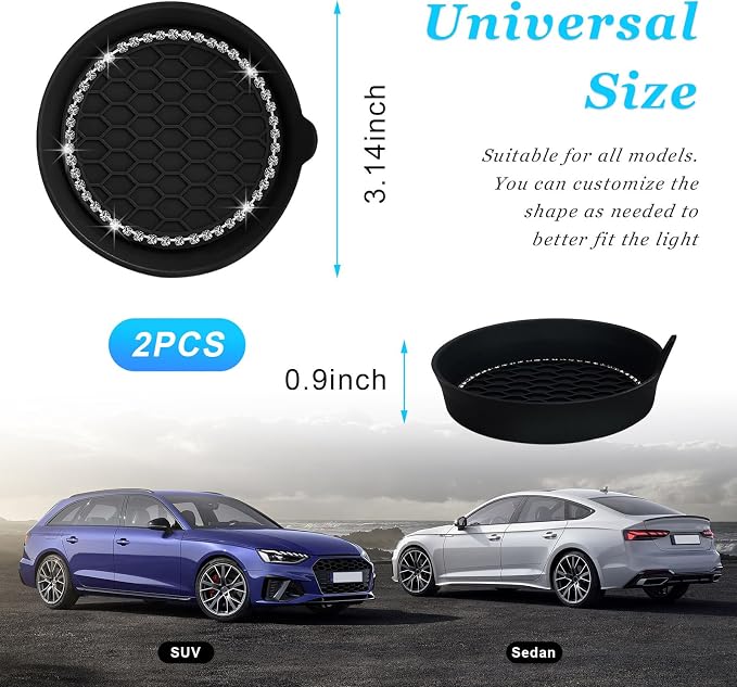 Ziciner 2 PCS Car Cup Coaster Holders, 3.15 Inch Silicone Anti-Slip Auto Insert Coaster, Crystal Rhinestone Car Drink Cup Mat, Universal Durable Auto Interior Accessories (Black, 2Pack)