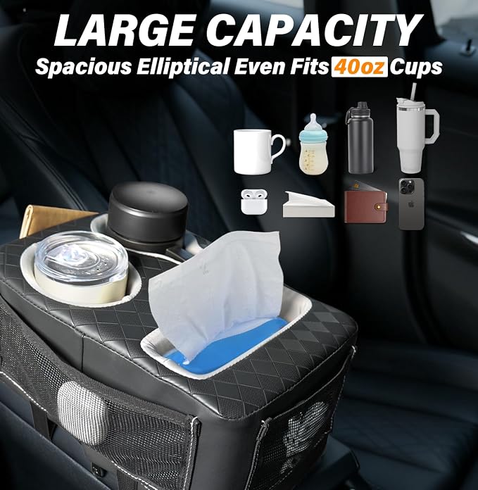 Center Console Cup Holder, Universal Car Armrest Storage Box with Bottle Holder & Tissue Slot & Side Pockets, Car Back Seat Truck Boat Couch Organizer PU Leather