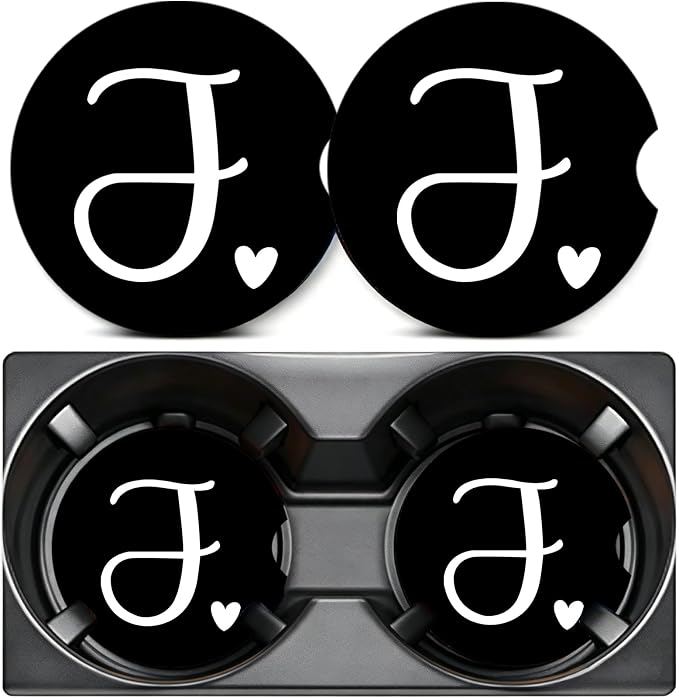 2PCS Letter J Car Cup Holder Coasters,Simple Initial Car Coasters Cars Accessories Interior Decor Universal Neoprene 2.75" Anti-Slip Rubber Mat with Finger Slot,Monogram Gifts for Women, Men, Driver