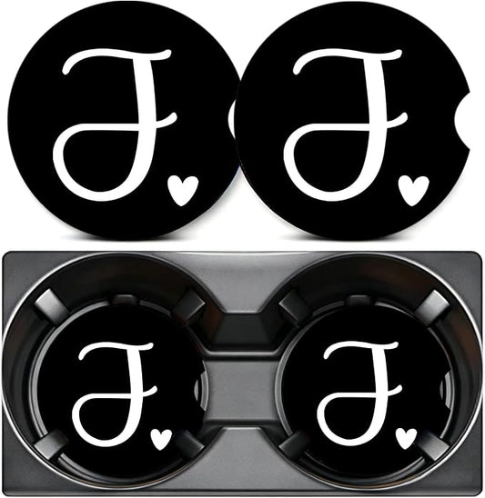 2PCS Letter J Car Cup Holder Coasters,Simple Initial Car Coasters Cars Accessories Interior Decor Universal Neoprene 2.75" Anti-Slip Rubber Mat with Finger Slot,Monogram Gifts for Women, Men, Driver