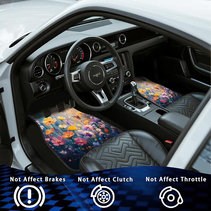 Spring Floral Car Floor Mats Wildflower Flower Blossom Butterfly Carpet Front Rear Carpets Mat Decorative Car Floor Carpets Non-Slip Auto Car Accessories Universal Fit Car Accessories for Truck