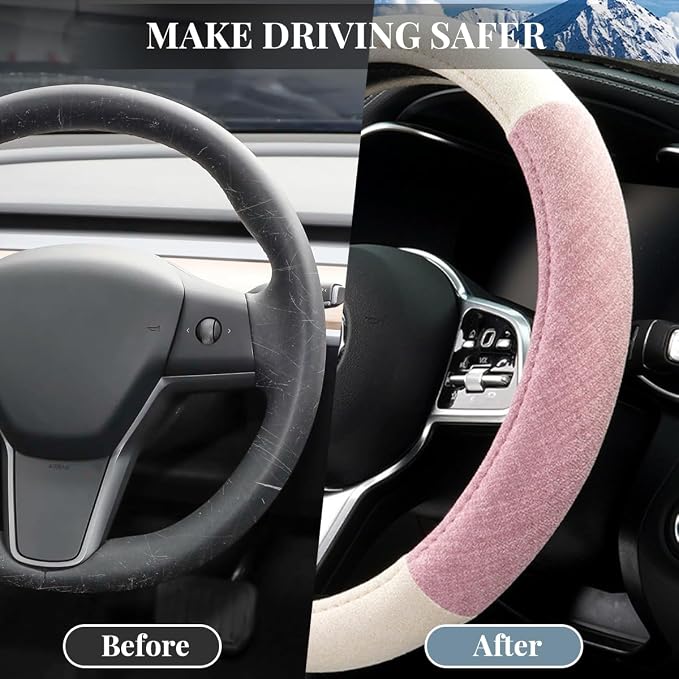 Car Steering Wheel Cover, Breathable Comfort Grip Vehicle Steering Wheel Wrap with Inner Ring, Automotive Interior Protective Accessories, Universal Fit (Pink)
