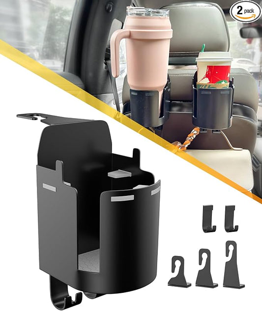 Headrest Cup Holder for Back Seat, Stable Spill-Resistant Drink Holder with Hooks for Bags, Fits 50oz Bottles, Compatible with Sedans, SUVs, and Trucks 2 Pack