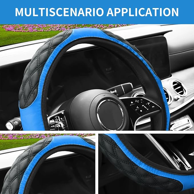 15 Inch Leather Steering Wheel Cover, Automotive Accessories Breathable Anti-Slip Elastic Soft Wheel Protector, Fit for Most SUVs Trucks and RVs (Blue)