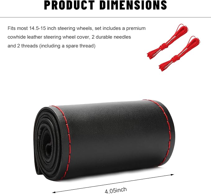 Genuine Leather Steering Wheel Cover, 15 Inch Stitch on Steering Wheel Protector with Needle & Thread, Anti-Slip DIY Sewing Wheels Wrap for Most Vehicles (Black & Red, Glossy)