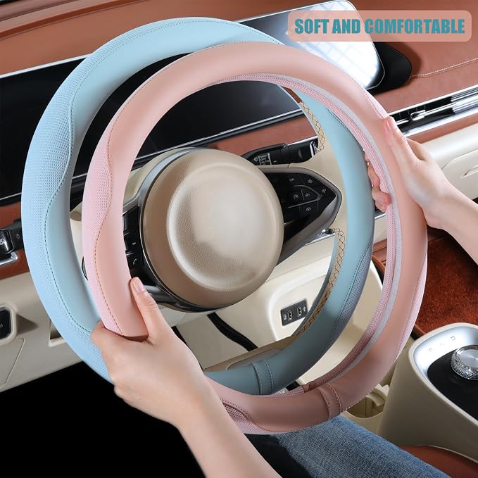 Nappa Leather Black D Shaped Steering Wheel Cover 14 inch | Non-Slip Breathable Ice Silk Fabric, Warm in Winter and Cool in Summer, Small 13.5 inch to 14 inch for Prius Civic