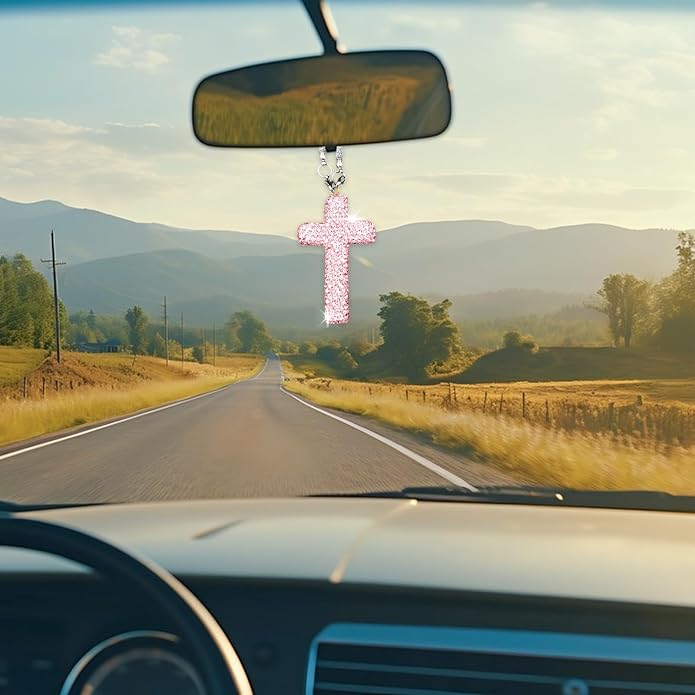 Bling Car Rear View Mirror Accessories Hanging Pendant,Cross Crystal Rhinestone For Car Mirror Hanging,Double-Sided Cross Diamond Religious,Interior Men Women Car Accessories