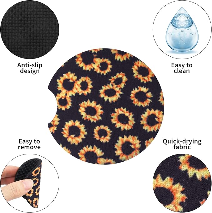 tifanso 2PCS Sunflower Non-Slip Car Cup Holder Coasters for Women | Universal Fit for Standard Cup Holders, Easy to Clean & Remove, Adorable Floral Decor, Ideal Gift for Girls & Car Lovers