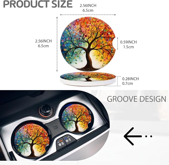 Cup Holder for Car,Tree of Life with Leaves Ceramic Coasters Non-Slip Cup Holder Insert with Fingertip Grip, Auto Interior Accessories for Women & Men,Pack of 2, 2.56In