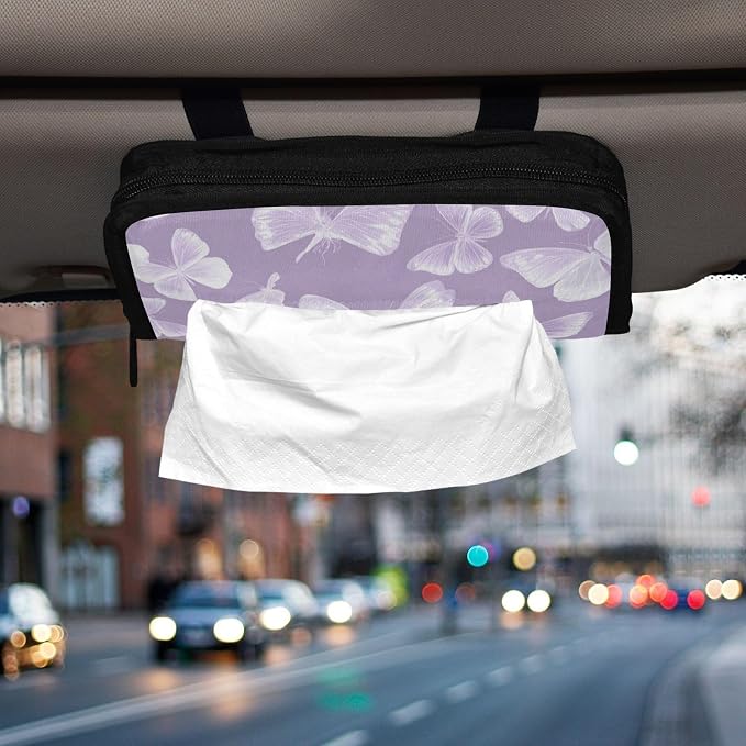 Purple White Butterfly Car Tissue Holder Durable Napkin Holder Hanging Tissue Holders Case Car Tissues Bag for Sun Visor Seat Back Universal Auto