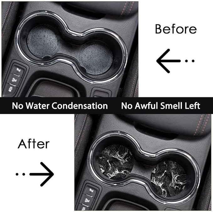 Britimes Absorbent Car Coasters 2 Pack for Cup Holders, 2.56" Ceramic Stone & Non-Scratch Cork Base Drink Coasters Black Marble
