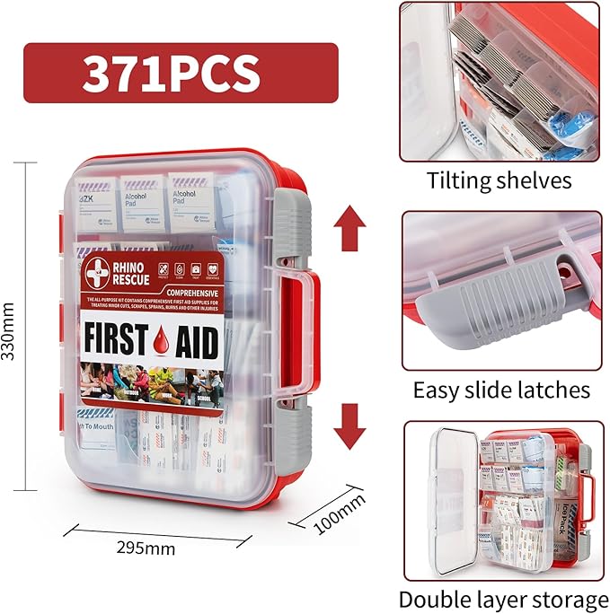 RHINO RESCUE 371pcs OSHA First Aid Kit for Home & Business | OSHA Compliant, Wall-Mount, All-Purpose 100-Person, Dual-Layer Hard Case, HSA/FSA Approved