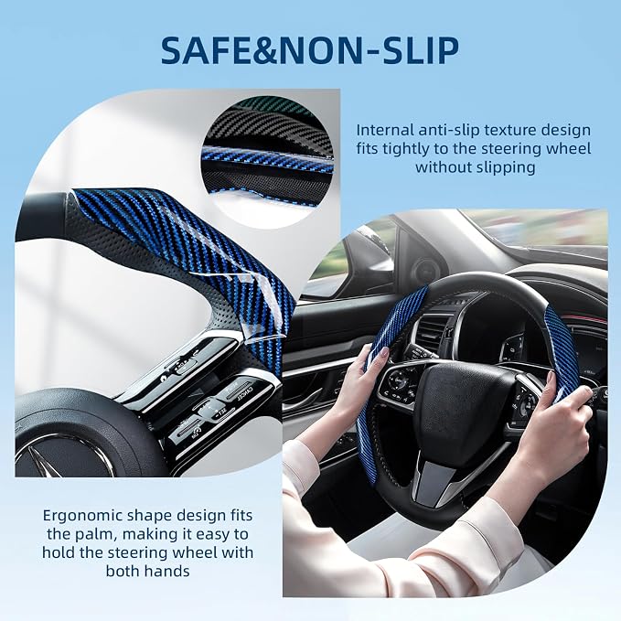 Carbon Fiber Steering Wheel Cover 2PCS Segmented Clip-on Protector (Blue) | Universal Fit, Anti-Slip Lining, Sporty Style, Car Interior Accessory for Men and Women