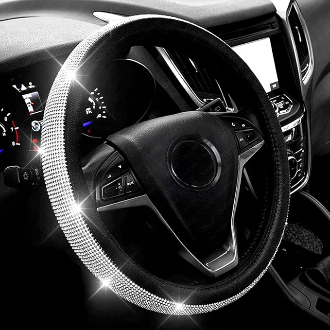 Diamond Leather Steering Wheel Cover with Bling Bling Crystal Rhinestones,Large-Size of 15 1/2 inches-16 inches Black