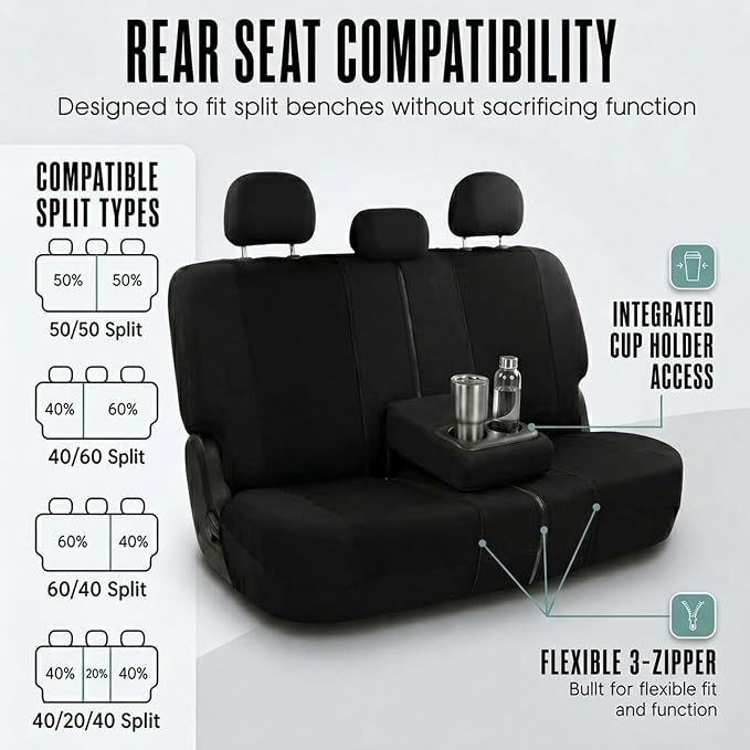 FH Group Full Set Cloth Car Seat Covers, Universal Fit Front and Split Bench Rear, Airbag Compatible, Washable for SUV, Sedan, Van - Black