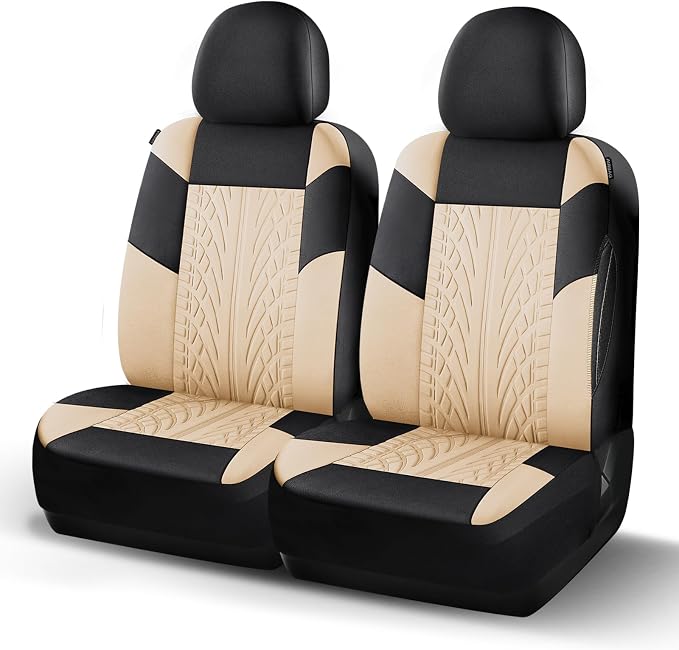 HChengkikz Front Car Seat Cover, Cloth and Washable (Black + Beige) | Breathable, Airbag compatible, Easy to Install, Universal Fit for Most Cars, Sedans, Truck, SUVs