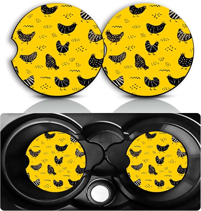 Rooster Car Cup Holder Coasters Set of 2 – Fun Rooster Car Accessories 2.75" Universal Size Anti Slip Rubber Mat Recessed Auto Insert Coasters Decor Roosters Gifts for Women Men Dad Grandpa