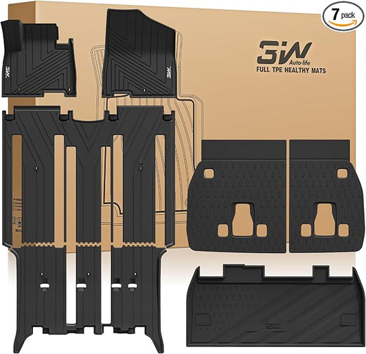 3W Floor Mats & Seatback Mats & Cargo Liner for Kia-Carnival 2022-2026（Only Fit Gas）,Custom Fit All Weather TPE Full Set Floor Liner Trunk Mat with Backrest Mats Accessoires, Black