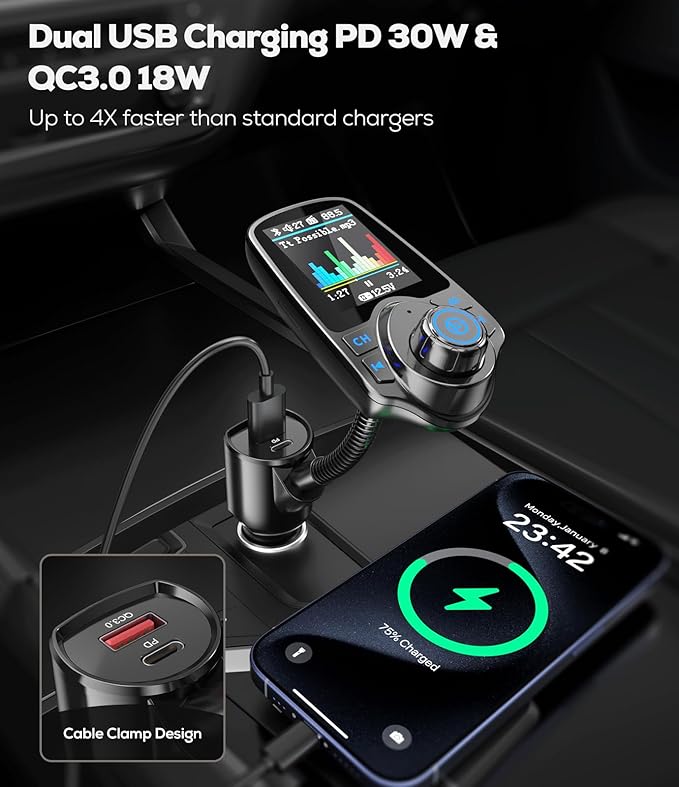 Nulaxy [2026 KM18 Upgraded Version] 1.8" Color Screen 48W Bluetooth 5.4 Car Adapter, Dual Fast Charging Ports [PD 30W & QC3.0 18W] Wireless Radio FM Transmitter, Hands-Free Call, 7 EQ Modes, Black