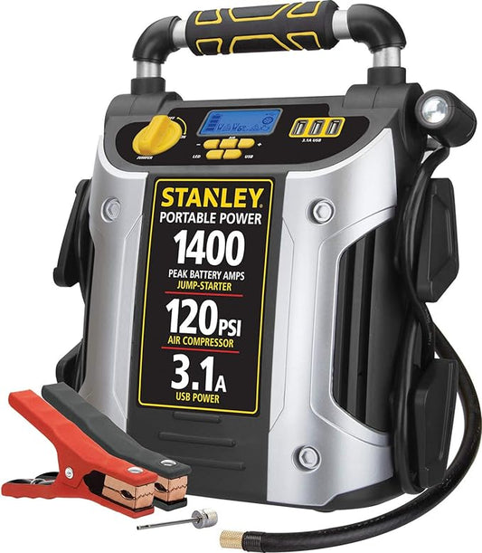 Stanley J7C09D 1400 Peak Amp Automotive Jump Starter, Portable Power – Triple 15W USB Ports, 120 PSI Air Compressor for Tires & Sports Equipment | Portable Power Station with Triple 15W USB Ports