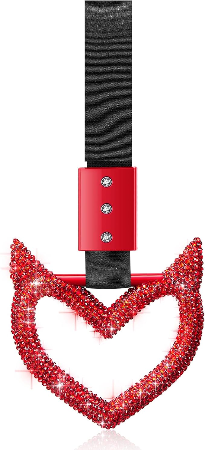 Fabbay Bling Car Accessories Bling Heart Handle Ring Car Accessory for Women Heart Hand Strap Drift Charm Rear Bumper Warning Ring Decor for Auto Bus Interior Exterior Decoration (Red, Devil Style)