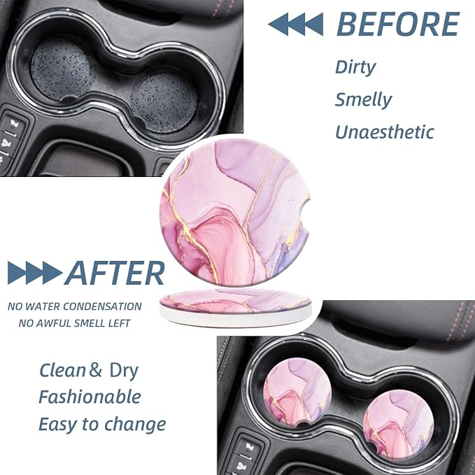 Cup Holder for Car,Pink Gold Liquid Marble Print Ceramic Coasters Non-Slip Cup Holder Insert with Fingertip Grip, Auto Interior Accessories for Women & Men,Pack of 2, 2.56In