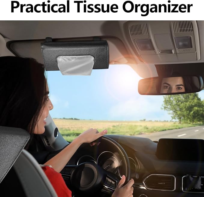 Wuyaoyao Car Tissue Holder, Auto Sun Visor Napkin Holder Mask Holder, Premium PU Leather Car Tissue Holder Visor Tissue Dispenser, Universal Sun Visor Tissue Box for Most Vehicle (Black)