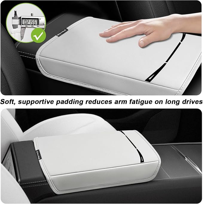 Muslogy Center Console Armrest Cover Fit for Tesla Model Y Refresh 2026 Accessories, Comfort Armrest Pad Console Lid Cushion Vegan Leather Regular Thick (Cream)