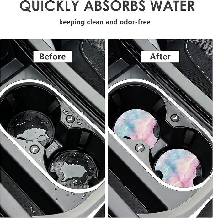 2 Pack Car Coasters，2.75-inch Neoprene Non-Slip Cup Holder Coasters for Car，Cute Car Interior Accessories for Men and Women，Colored Marble
