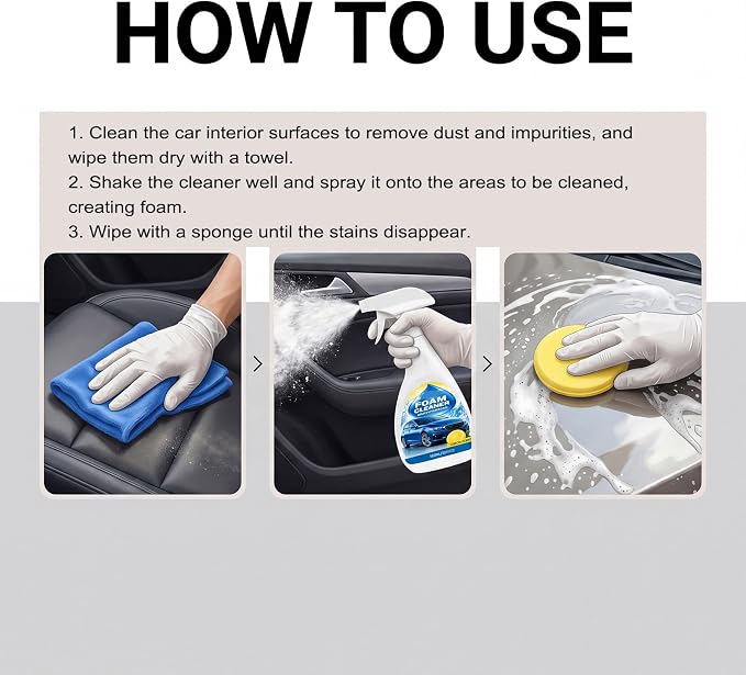Car Interior Cleaner Foam with Sponge & Microfiber Towel, Deep Cleaning Auto Detailing Spray for Dashboard, Leather, Vinyl, Plastic, Carpet & Upholstery, Fast Stain Removal, Quick Drying, Lemon Scent