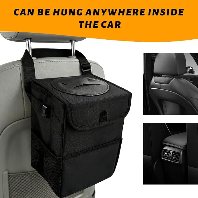 Car Trash Can with Lid, Multipurpose Collapsible Auto Garbage Bin with 3 Storage Pockets, Waterproof Leakproof Oxford Cloth Organizer Hanging Portable Trash Bin for Most Vehicles (Black)