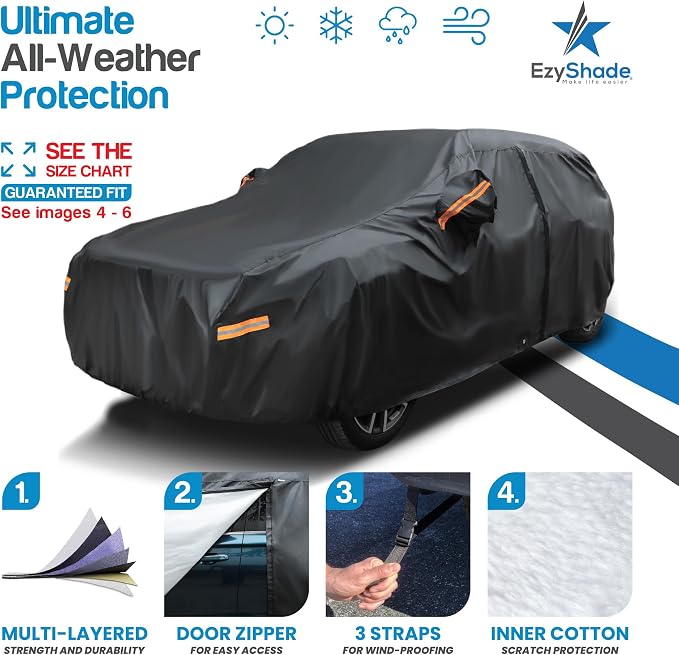EzyShade Multi-Layer SUV Car Cover Waterproof All Weather - See Vehicle Size-Chart - Outdoor Full Exterior Covers for Automobiles - Heavy Duty Tarp Jeep Rav4 Trax CRV - Black, Size S3 (See SizeChart)