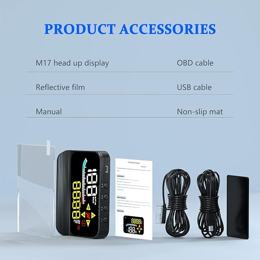 Liiiyuan HUD M17,Heads up display OBD2 and GPS Dual System Speedometer for Car, Digital Speedometer with Speed, Travel Direction, and Overspeed Alarm, Fatigue Driving Alarm，Suitable for All car