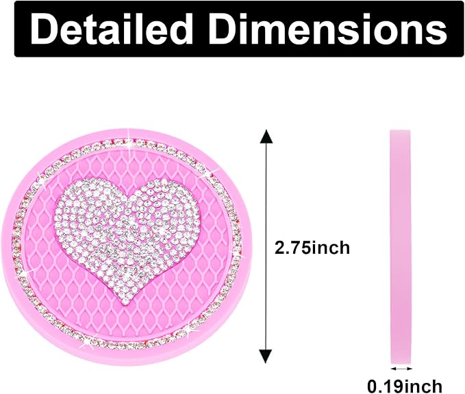 Bling Cup Holder Insert Coaster- 2.75 inch Silicone Anti-Slip Shockproof, Universal Fashion Car Interior Accessories for Women (Pink&Love, 2 PCS)