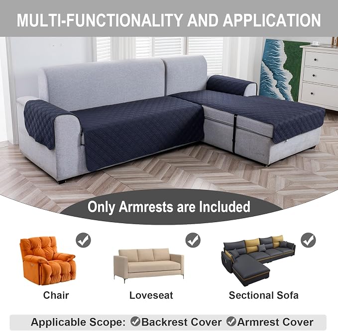 Genina Sofa Armrest Cover, Anti-Slip Armchair Slipcovers for Dogs Cats Pet, Water Resistant Couch Arm Cover for Backrest Recliner Loveseat, L Shaped Sofa, 23.6 x 27.5 Inches（2 Pieces）