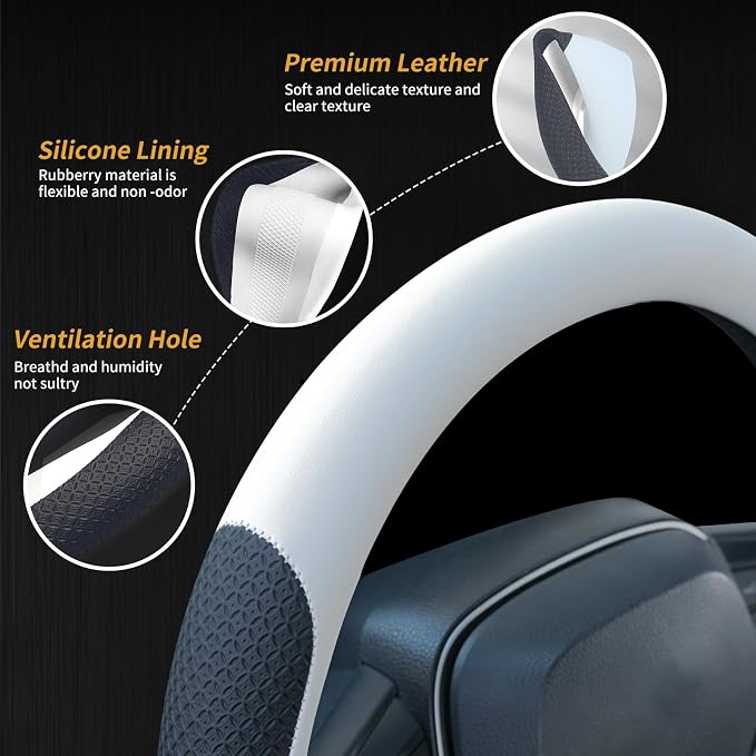 Uxcer Nappa Leather Steering Wheel Cover, Universal 14.5–15 Inch Non-Slip Breathable Steering Wheel Cover for Cars, White