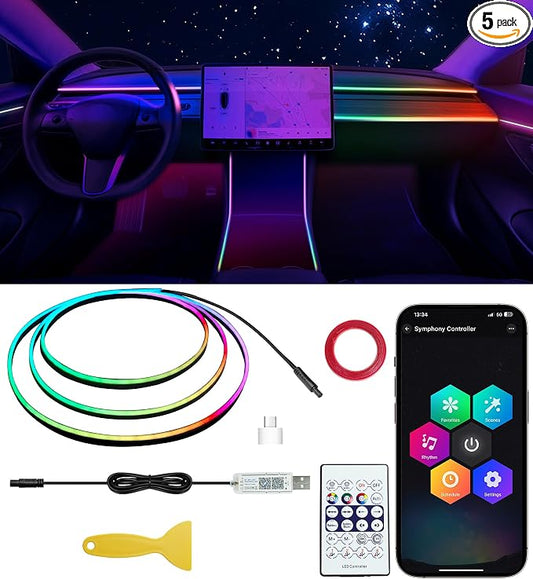 KENANEK 55.12Inch Tesla Interior Lights, 5V USB & Type-C Powered, Acrylic Interior Car LED Strip Lights, App Controlled Music Sync, OEM-Style Ambient Lighting with Dreamcolor Effects (USB-1 Light)