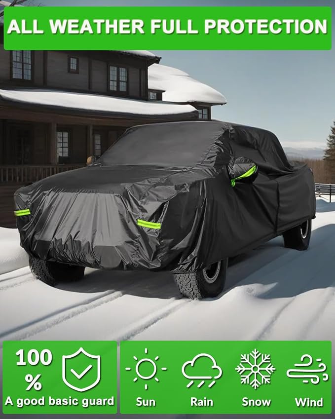 Waterproof Pickup Truck Cover, All Weather Outdoor Protection | Fits Ford F-150, Chevy Silverado, Ram 1500 & Trucks Up to 210"，Full Protection，Windproof Design，Heavy-Duty Fabric