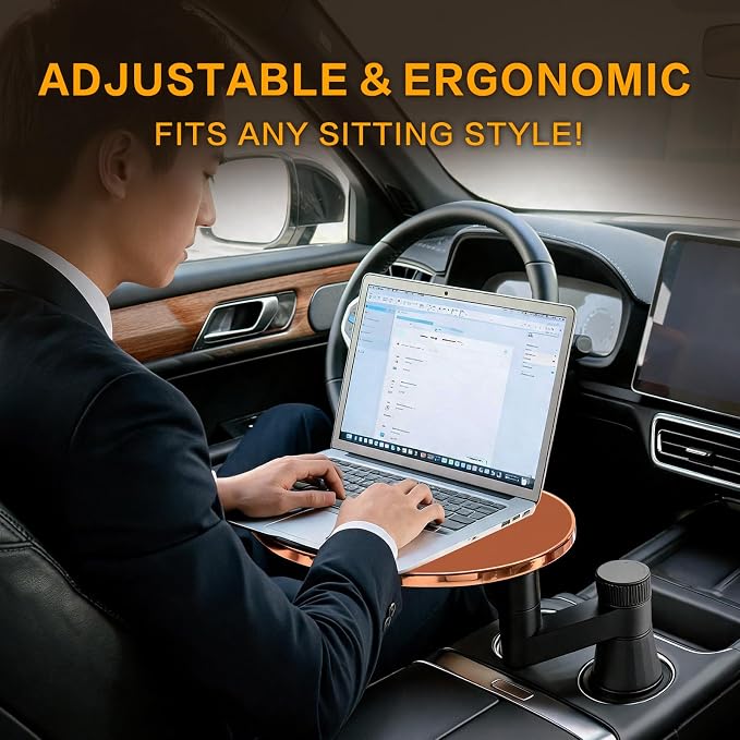 Car Tray Table & Car Desk for Laptop, Dual 360° Rotating Cup Holder Tray, Anti-Slip Leather-Textured Car Food Tray for Eating, Working & Makeup, Compatible with Tesla Model Y/3/S & Most Vehicles