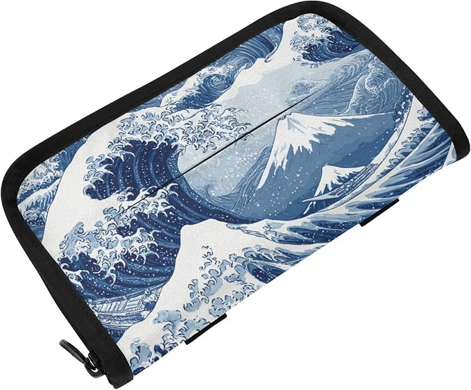 Car Tissue Holder Car Napkin Holder Tissue Box Dispenser Storage Case Sun Visor Mask Holder Accessories with Adjustable Straps Reusable Refillable Deep Blue Wave Pattern Snow Mountain