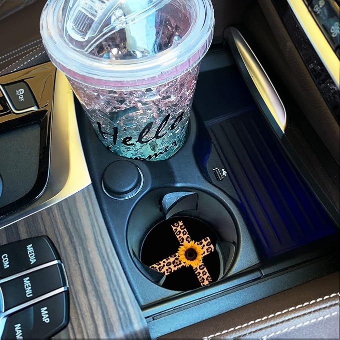 Car Coasters 2 Pack, Small 2.56" Absorbent Ceramic Coaster for Car, Keep Cup Holders Clean and Dry, Auto Coasters Set for Women Men Cup Holder, Leopard Print Cross with Sunflower Style Car Coasters