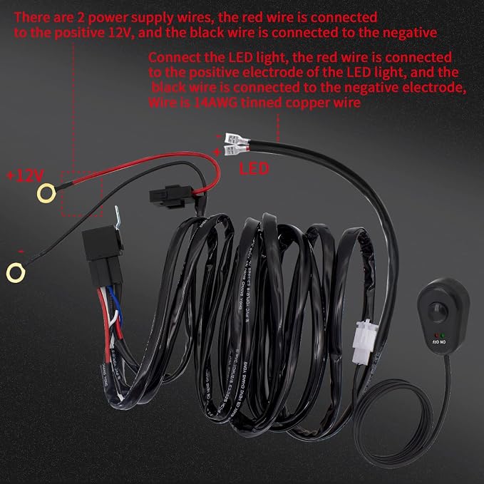 LED Lights Bar Wiring Harness Kit 1 Lead DC12V On-Off Switch Power Relay Blade Fuse 14AWG Core Cable Wiring Harness Kit fit for LED Driving Lights Bar