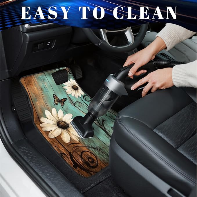 Nature Car Floor Mats Set of 4 Rustic Daisy Butterfly Wooden Automotive Foot Mats Rugs Carpet for Car Non-Slip Auto Car Accessories Universal Fit for Car SUV Truck Van