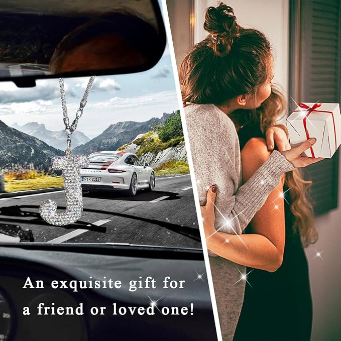 DXNQ Bling Initial Car Rear View Mirror Ornament, Crystal Sparkling Cute Letter Charm Pendant Auto Decor, Hanging Lucky Diamond Initial Charm Car Mirror Bag Ornament for Girl Women (Letter J)